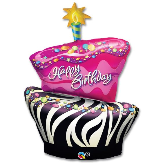 Happy Birthday Funky Zebra Stripe Cake Mylar Balloon 41 Inch from Balloon Shop NYC