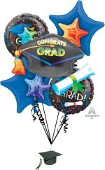 Blue Graduation Mylar Balloon Bouquet Inflated with Helium and attached to Weight