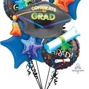Blue Graduation Mylar Balloon Bouquet Inflated with Helium and attached to Weight