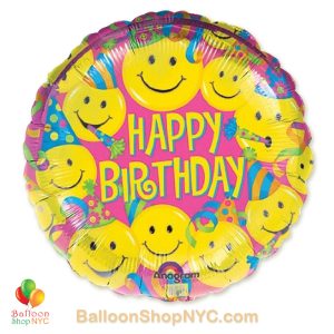 Happy Birthday Smiley Faces Fun Mylar Balloon 18 Inch Inflated high-quality cheap balloons nyc delivery