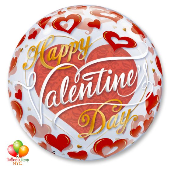 Happy Valentines Day Red Hearts Bubble Balloon 22 Inch Inflated Delivery from Balloon Shop NYC