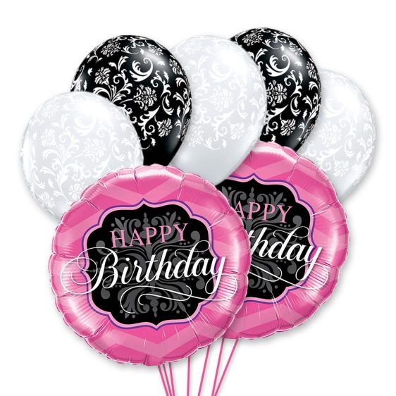 Happy Birthday Pink & Black Mylar Balloon Bouquet Delivery from Balloon Shop NYC