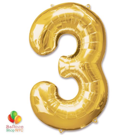 Jumbo Number 3 Foil Balloon Gold 40 inch Inflated delivery from Balloon Shop NYC