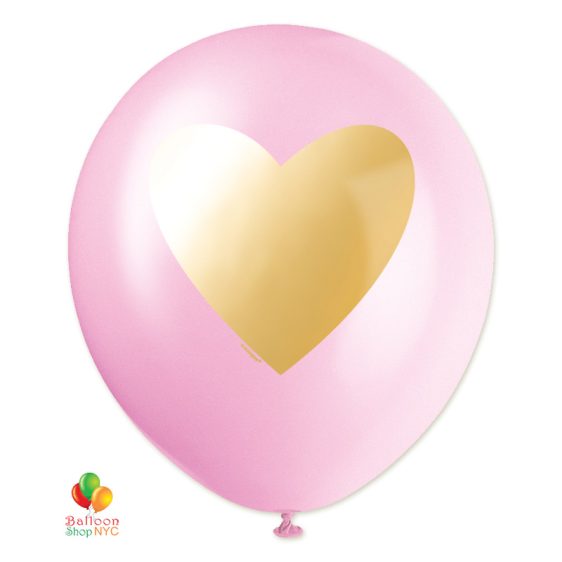 Gold Heart Pink Latex Balloon 12 Inch Helium Inflated delivery from Balloon Shop NYC