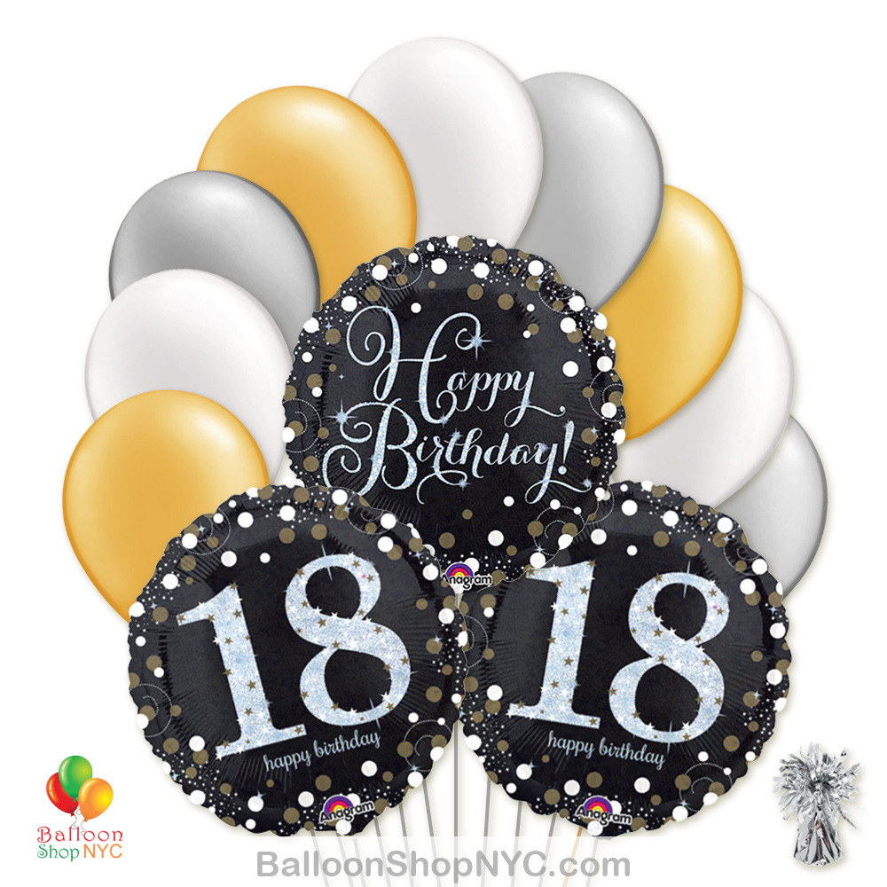 18th Sparkling Happy Birthday Mylar Latex Balloon Bouquet Inflated