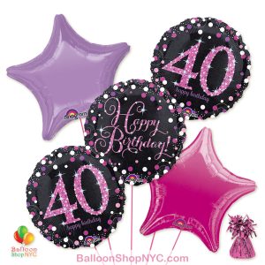 40th Pretty Pink Happy Birthday Mylar Stars Balloon Bouquet high-quality cheap balloons nyc delivery