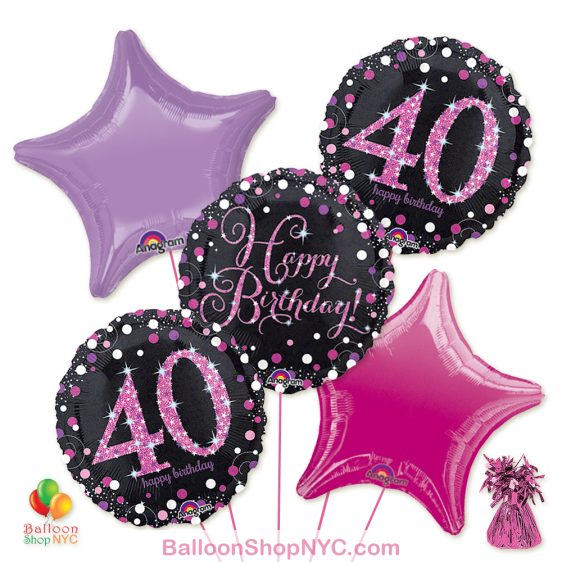 40th Pretty Pink Happy Birthday Mylar Stars Balloon Bouquet high-quality cheap balloons nyc delivery