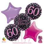 60th Pretty Pink Happy Birthday Mylar Stars Balloon Bouquet Inflated high-quality cheap balloons nyc delivery