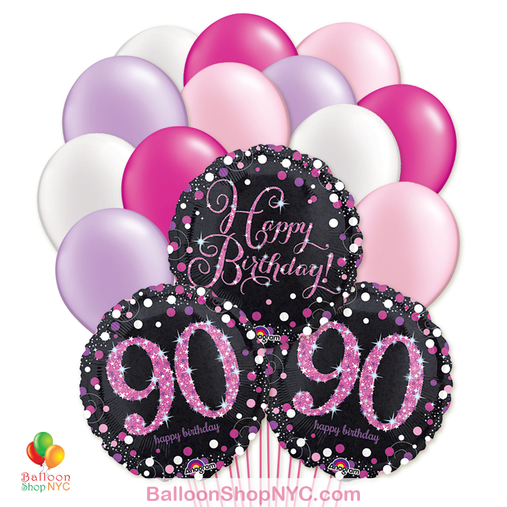 90 Pretty Pink Happy Birthday Mylar Latex Pearl Balloon Bouquet