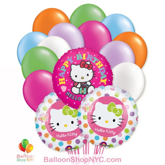 Hello Kitty Happy Birthday Mylar Latex Balloon Bouquet Inflated - cheap balloons NYC delivery Balloon Shop
