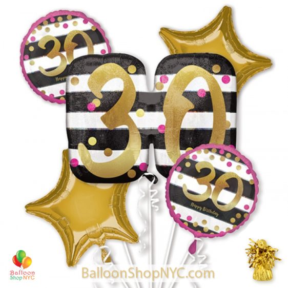 30th Milestone Happy Birthday Pink & Gold Mylar Balloon Bouquet Inflated high-quality cheap balloons nyc delivery