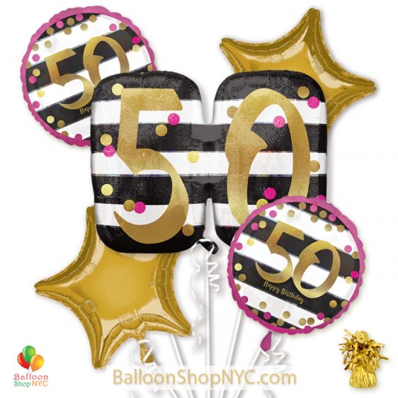 50th Milestone Happy Birthday Pink Gold Mylar Balloon Bouquet Helium Inflated high-quality cheap balloons nyc delivery