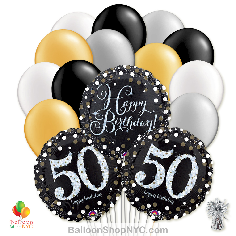 50th Sparkling Happy Birthday Mylar Latex Pearl Balloon Bouquet