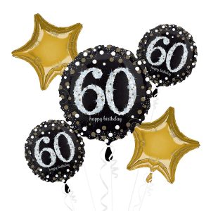 60th Sparkling Happy Birthday Mylar Stars Balloon Bouquet Helium Inflated