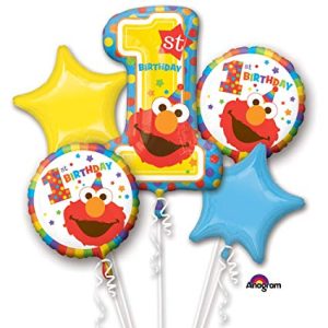 Elmo Style Birthday Mylar Balloon Bouquet Inflated with Helium and attached to Weight