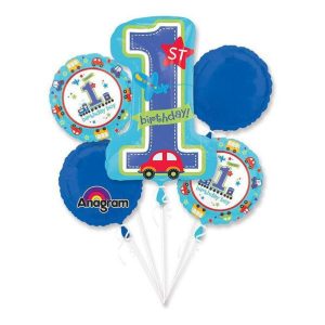 1st Birthday Boy All Aboard Mylar Balloon Bouquet Inflated with Weight