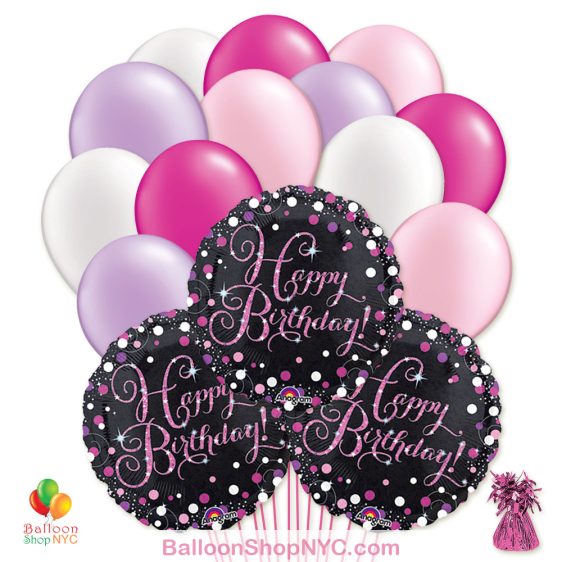 Pretty Pink Happy Birthday Mylar Latex Pearl Balloon Bouquet Delivery New York City from Balloon Shop NYC