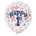 1st Birthday Clear with Red and Blue Confetti Latex Balloon 12 inch Inflated