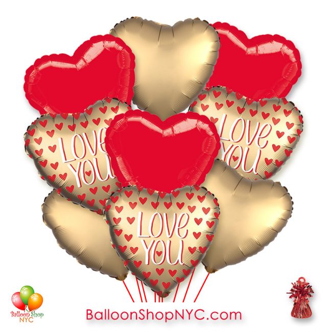 Gold Heart Red Hearts Love You Valentines Balloon Bouquet | NY Delivery