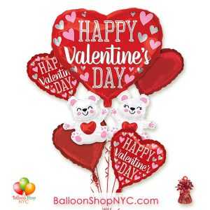Happy Valentines Day Floating Bears Balloon Bouquet Inflated with Weight Delivery in New York from Balloon Shop NYC