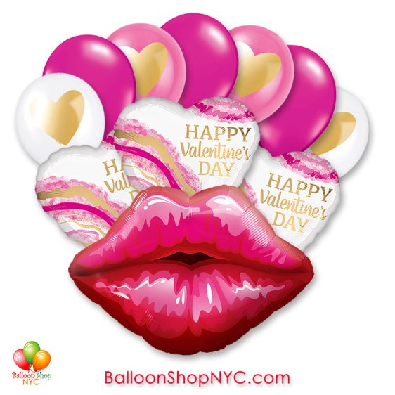 Happy Valentines Day Kissey Lips Balloon Bouquet Inflated Delivery in New York from Balloon Shop NYC