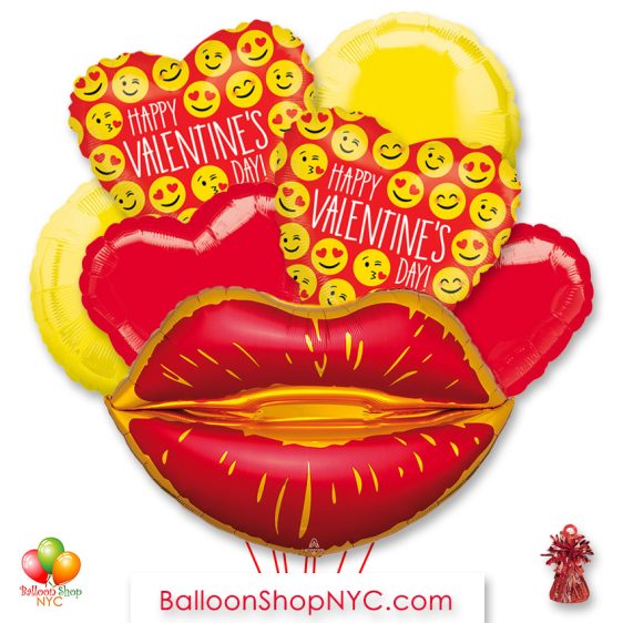 Happy Valentines Day Lips Emoji Balloon Bouquet with Weight Delivery in New York from Balloon Shop NYC