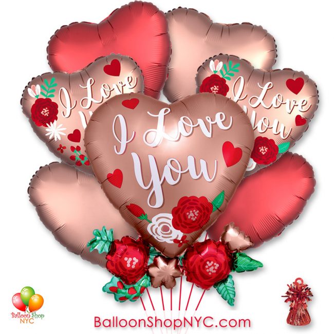 I Love You Copper Roses Valentines Day Balloon Bouquet - NYC Delivery