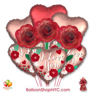 I Love You Roses Valentines Day Balloon Bouquet with Weight Delivery in New York from Balloon Shop NYC