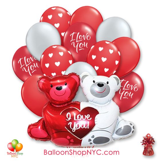 Love Bears Valentines Day Balloon Bouquet Inflated with Weight Delivery from Balloon Shop NYC