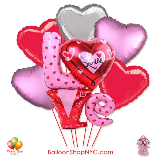 Love Letters Hearts Valentines Balloon Bouquet with Weight Delivery in New York from Balloon Shop NYC