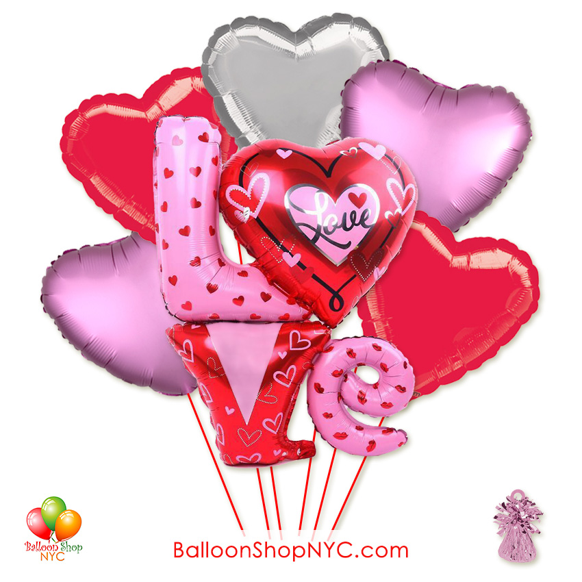 Happy Valentines Day Kissey Lips Hearts Balloon Bouquet Delivery Nyc