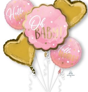 Pink Baby Girl Mylar Balloon Bouquet Inflated with Helium Including Weight