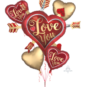 Satin infused Love You Arrows Balloon Bouquet Inflated with Weight