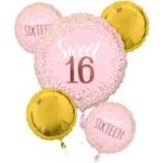 Sweet 16 Pink & Gold Mylar Balloon Bouquet Inflated with Weight