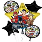 Justice League Mylar Balloon Bouquet Inflated with Helium and attached to Weight