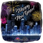 18" Happy New Year Skyline & Firework  Mylar Balloon Inflated