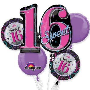 Sweet 16 Sparkle Mylar Balloon Bouquet Inflated with Weight