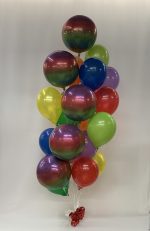 Rainbow Orbz balloon with Mix Latex Balloon Bouquet Inflated and attached to weight