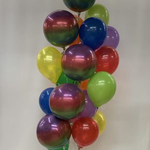 Rainbow Orbz balloon with Mix Latex Balloon Bouquet Inflated and attached to weight