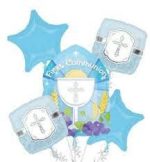 First Communion Blue Mylar Balloon Bouquet Inflated with Weight